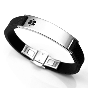A stainless steel medical ID bracelet with a black stripe