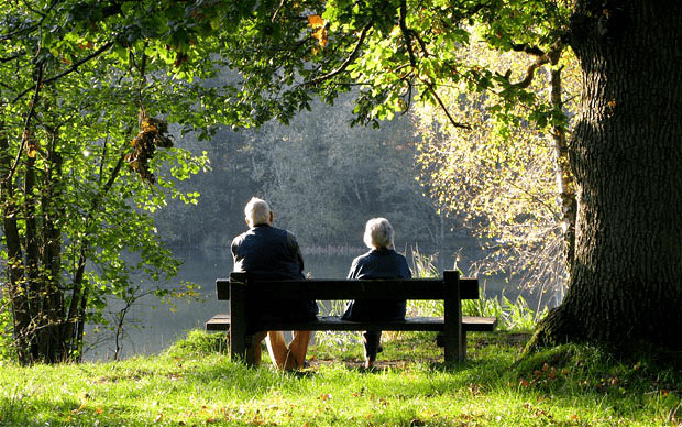 Two elderly enjoying nature on a bench
