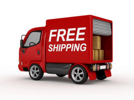 Red truck with free shipping written on it
