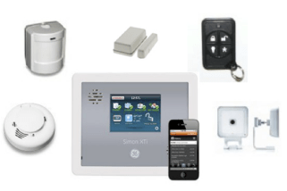 A home security console with cameras, sensors and other equipment