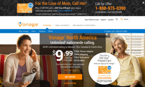 The main offers of Vonage, displayed on their main page